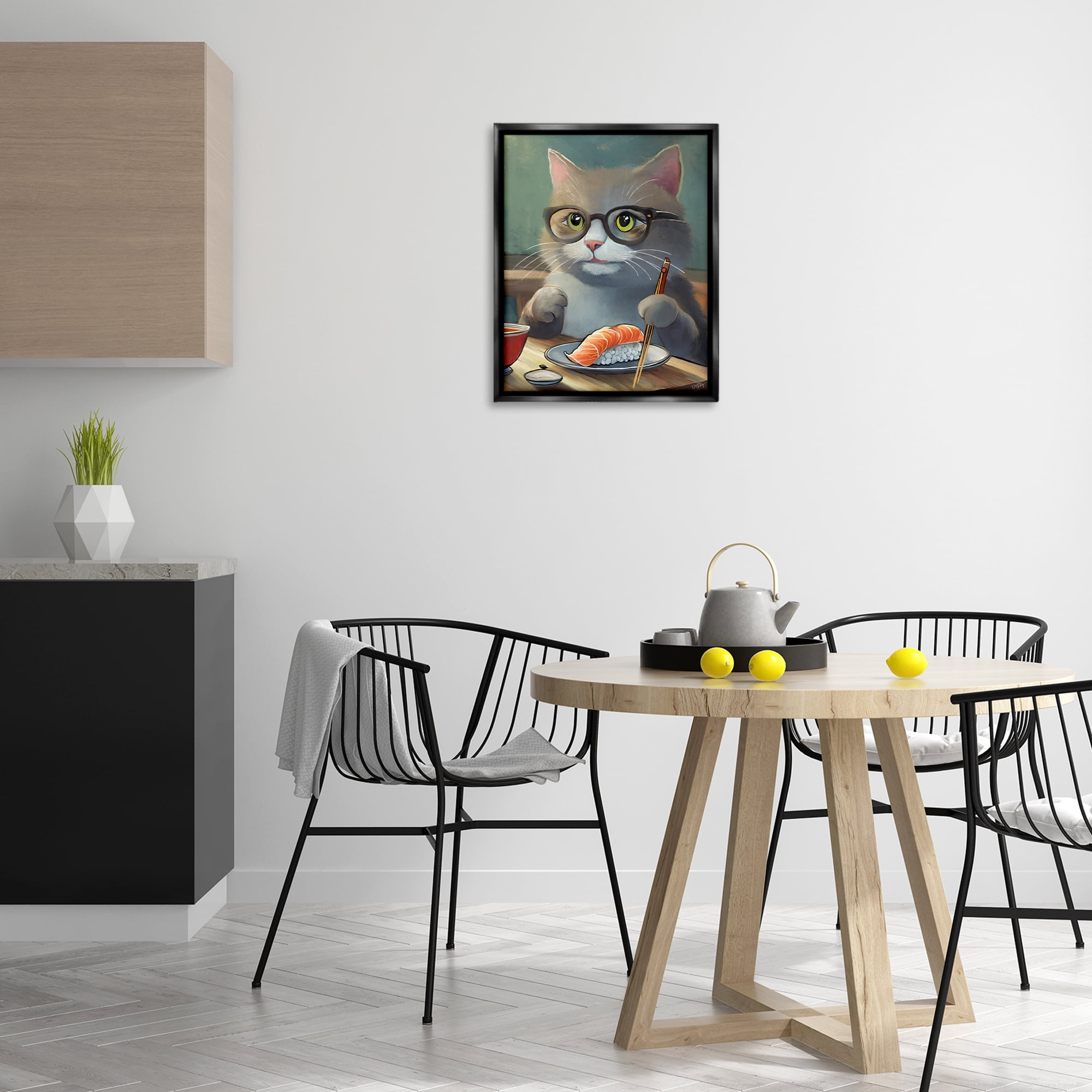 Stupell Industries Cat Eating Sushi Food & Beverage Painting Black Floater Framed Canvas Art Print Wall Art, 17 x 21