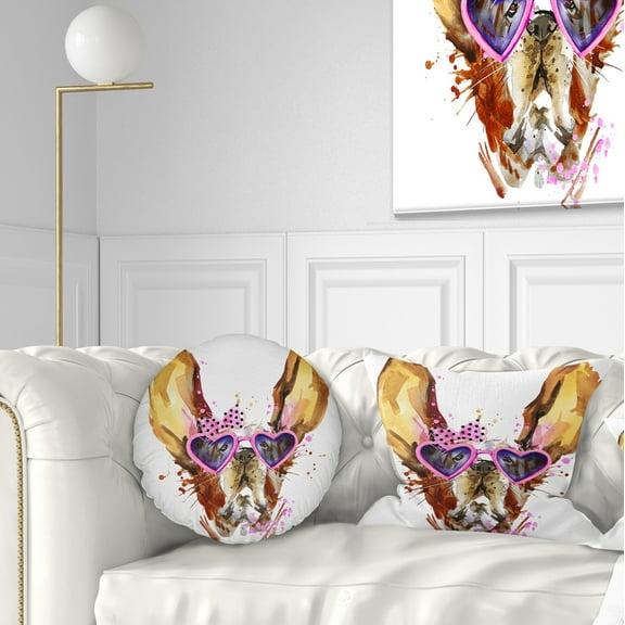 Designart Brown Cute Dog with Heart Glasses - Animal Throw Pillow - 12x20
