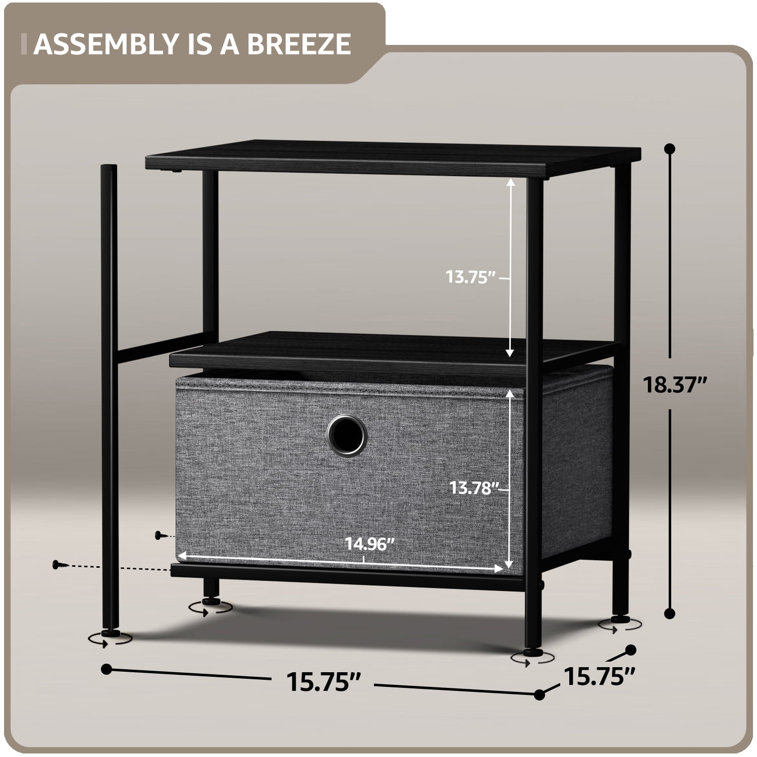 Sorbus 1-Drawer Nightstand with Shelf, Fabric Bin Storage, Steel Frame, Black