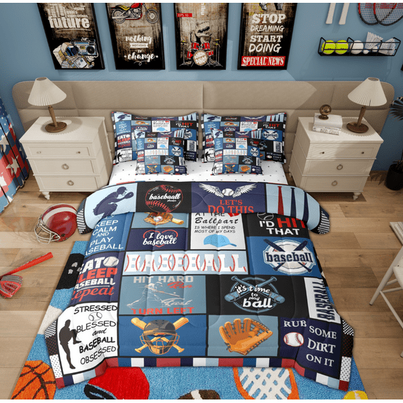 Feelyou Teens Baseball Player Twin Bedding Sets 7-Piece, Square Plaid Bedding Comforter Set, Cartoon Sport Theme Sheet Sets, Super Cozy Room Decor