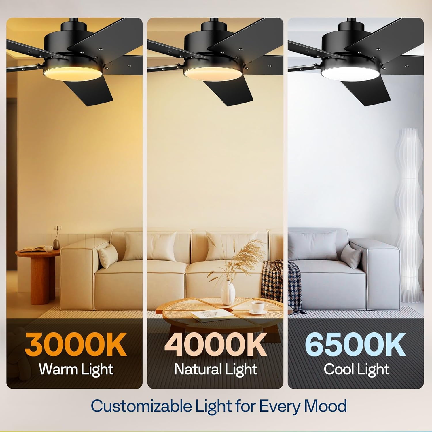 SPECSTAR Ceiling Fans with Lights, 52 inch Low Profile Ceiling Fan with Light and Remote, Flush Mount Black Ceiling Fan for Bedroom, 6+1 Speeds, 3CCT, Dimmable, Timer, Quiet Reversible DC Motor