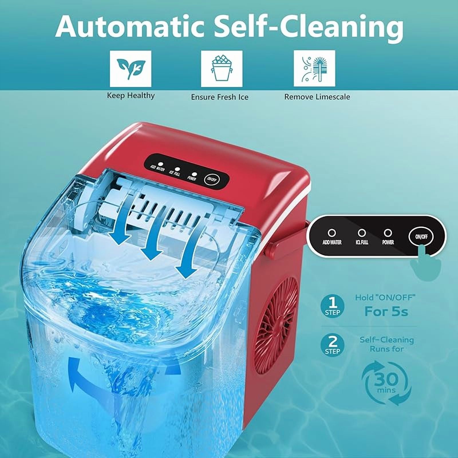Countertop Ice Maker Machine with Handle, 26lbs Per Day, 9 Ice Cubes Ready in 6 Mins, Auto-Cleaning Portable Ice Maker with Basket and Scoop, for Home/Kitchen/Camping/RV (Red)