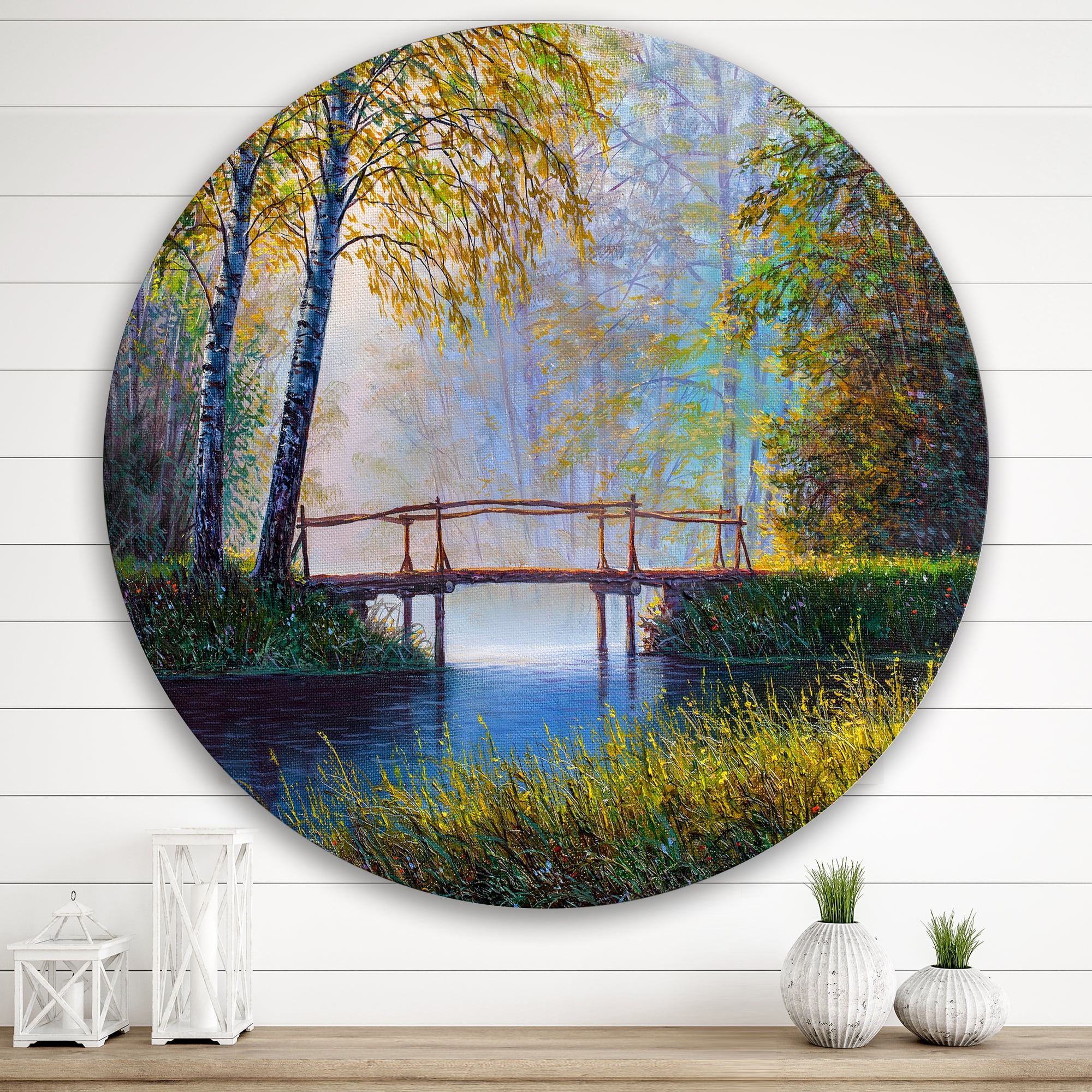 Designart 'Sunrise Glow and The Awakening Spring Forest' Lake House Circle Metal Wall Art 36x36 - Disc of 36
