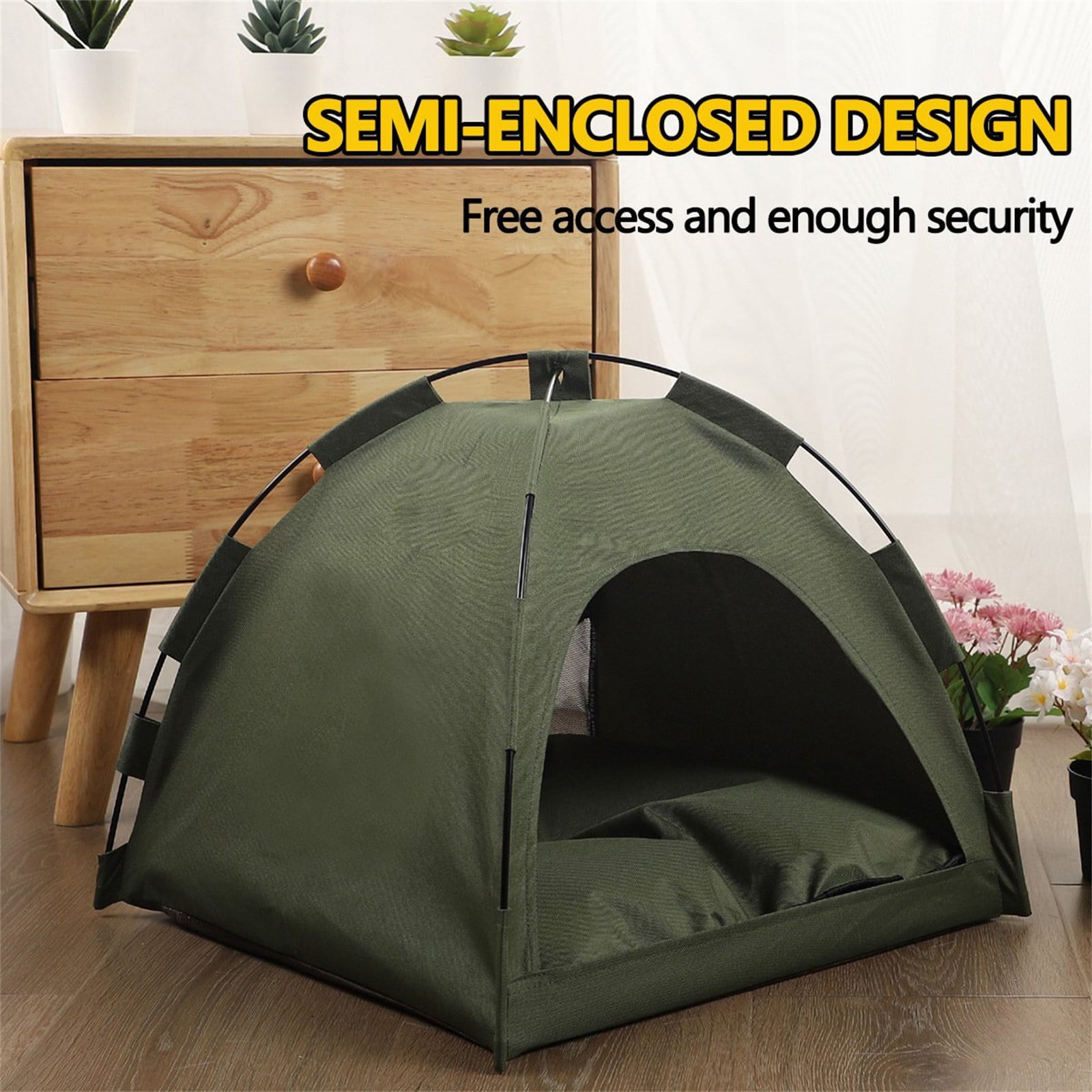 Outdoor Pet Tent with Cushion, Portable Waterproof Dog House, Easy Setup for Camping, Hiking, Travel, Green, Medium Size