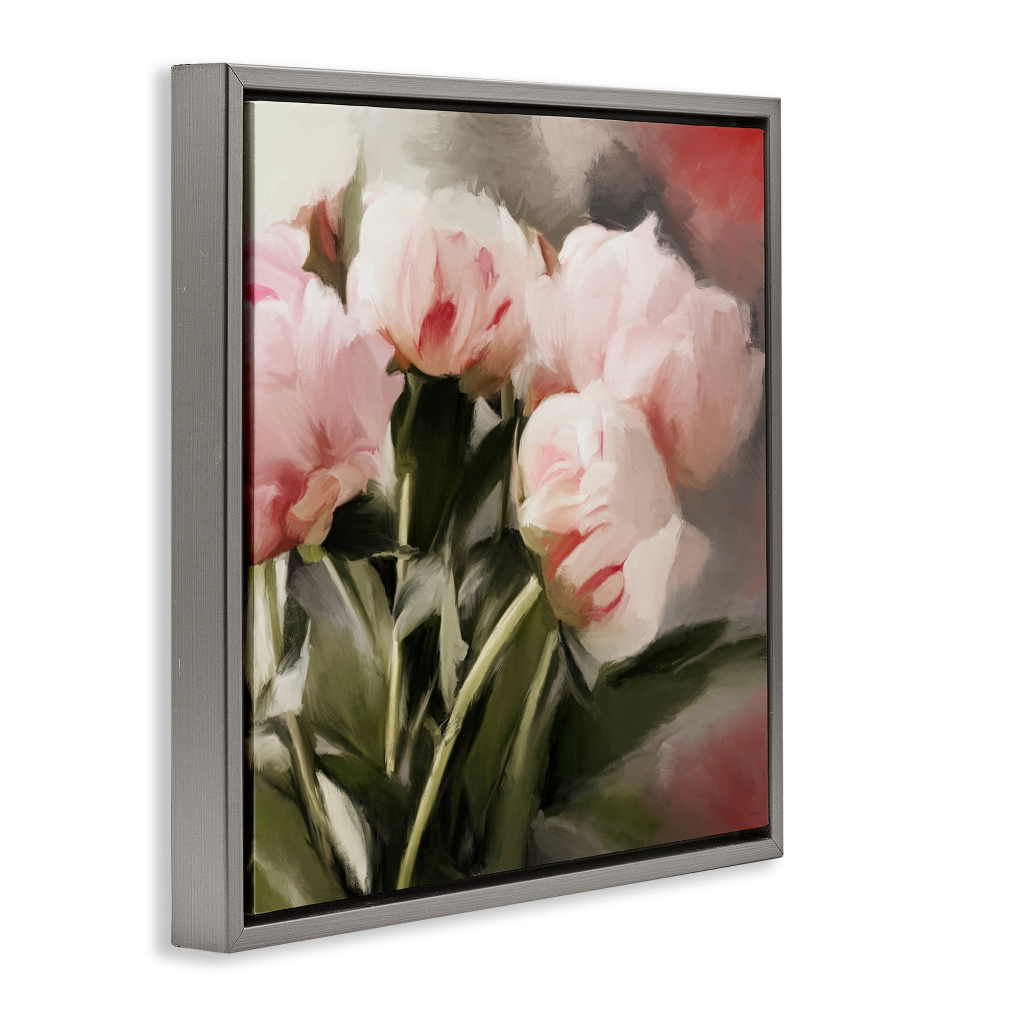 Stupell Industries Pink Floral Arrangement Botanical & Floral Painting Gray Floater Framed Art Print Wall Art, 25 x 25