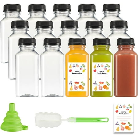 

Count - 8 Oz.] Reusable Plastic Juice Bottles With Caps Labels Brush And Silicone Funnel | Clear Juice Containers For Juices Water Smoothies And Other Beverages