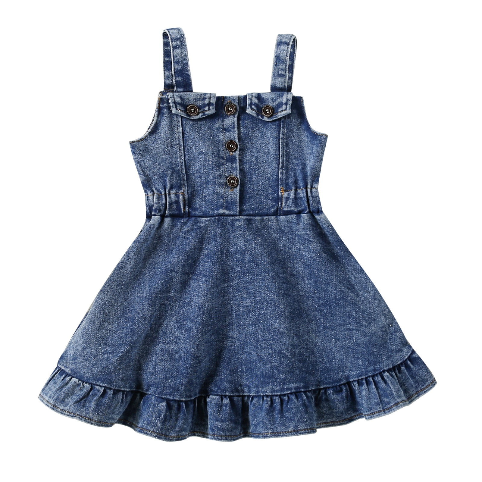Gupgi Toddler Baby Girl Denim Dress Ruffles Sleeveless Strap Button A Line Jeans Dress Sundress Blue