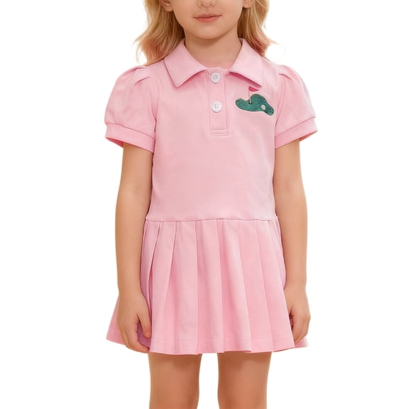 WOYY Newborn Girl's Short Puff Sleeves Polo Shirt Dress School Pleated Uniform Dress, Sizes 0-3M