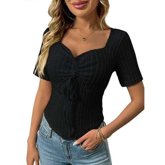 Women'S Solid Color Casual Short Sleeves Pullover Slim Pleated Short Top Comfort Drawstring Tops Black S