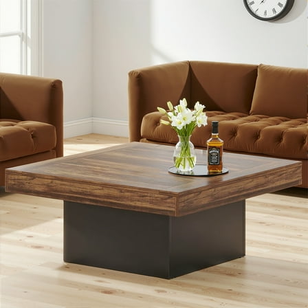 MAYEERTY Square Coffee Table, Farmhouse Wood Cocktail Table with LED Light