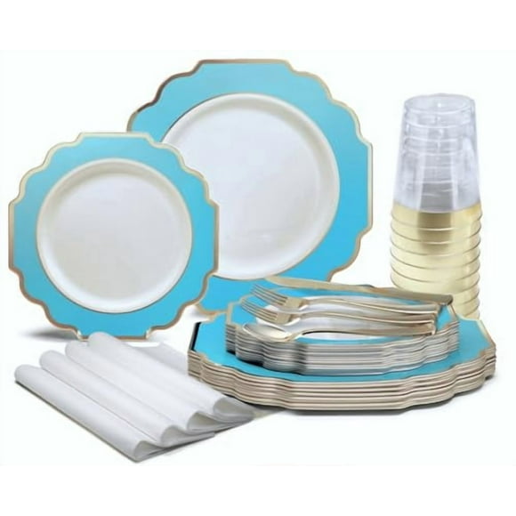 OCCASIONS Ensemble de 320 Pcs (40 Invités) - Assiette en Plastique Jetable pour Mariage - 40 x 10.5 Pieds' + 40 x 8 Pieds' + Vaisselle + Tasses + Serviettes (Aqua Impérial & Or)