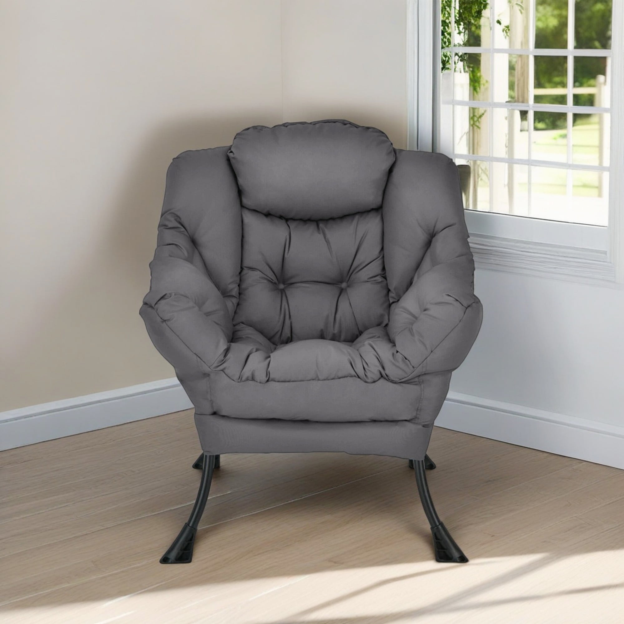 Demi Bonn Polyester Fabric Large Lazy Chair, Modern Accent Oversized Comfy Reading with Steel Frame and Side Pocket, for Living Room, Bedroom, Dorm, Gray