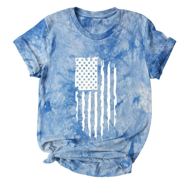 Camiseta de mujer, divertida y linda camiseta de manga corta, camiseta con estampado de bandera del Día de la independencia, camiseta teñida anudada, blusa, regalo para mujer Pompotops hkajfhjk467520