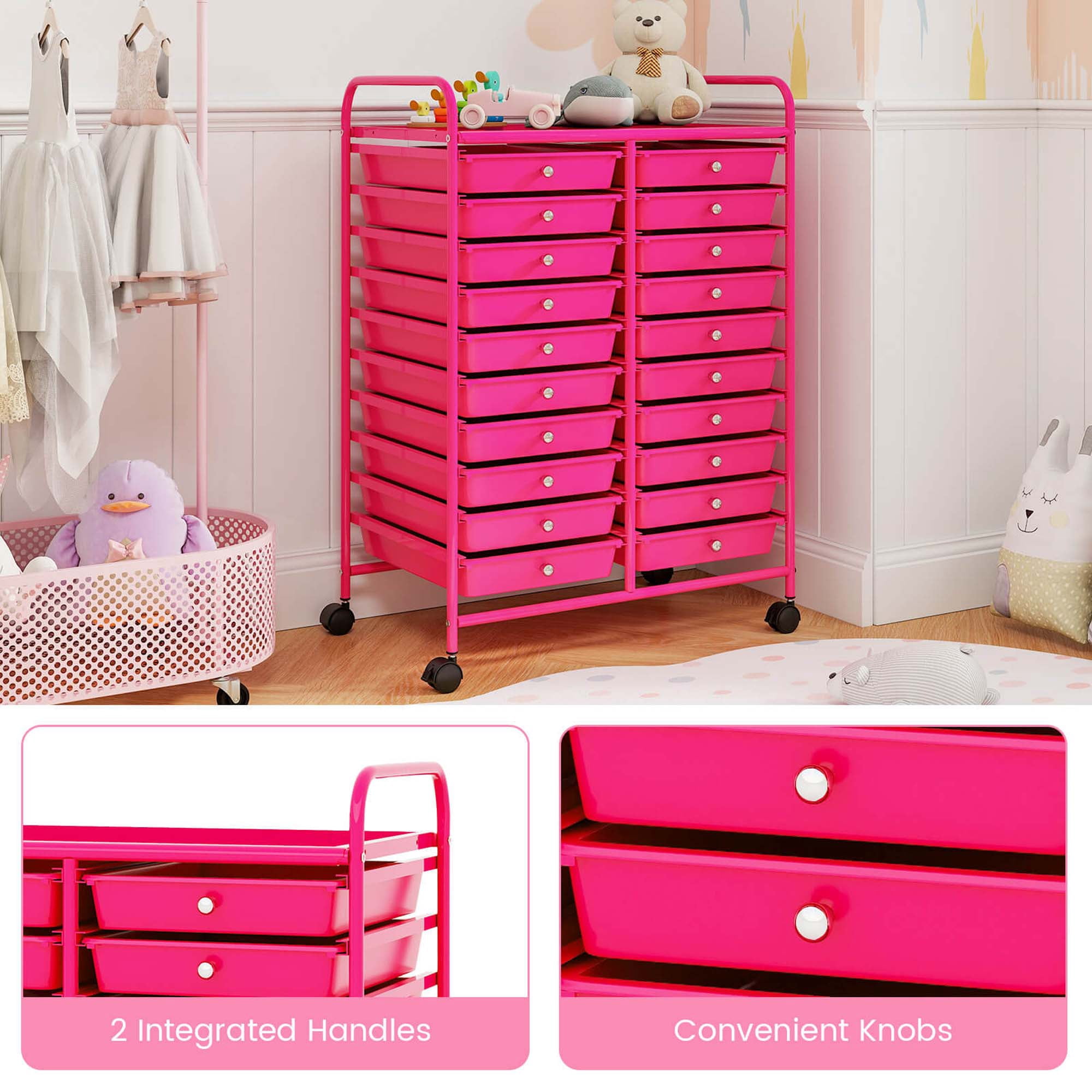Costway 20 Drawers Rolling Storage Cart Art Craft Organizer on Wheels Multipurpose Hot Pink