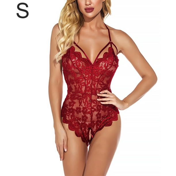 Body de encaje para mujer, ropa de dormir con correa sexy para mujer, lencería con cuello en V, S, rojo vino tholdsy XX000063-03