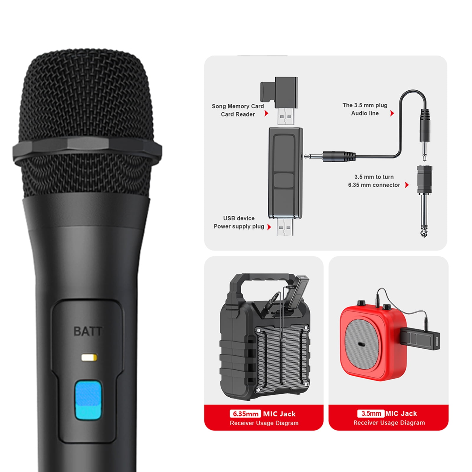 VHF Wireless Microphone, 2/1Pcs Universal Handheld Wireless Microphone, Portable Dynamic Mic with 3.5mm to 6.35mm Receiver for Karaoke/Business Meeting, Sing, Speech