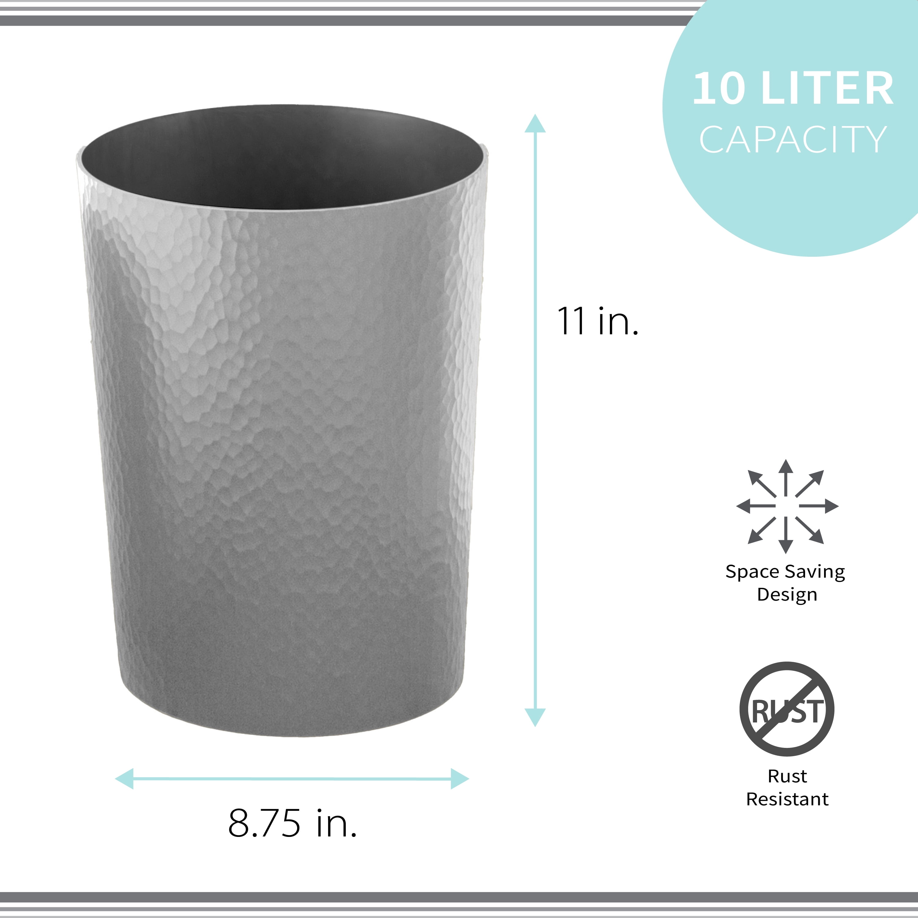 Bath Bliss 4 Pack 10 Liter Hammered Textured Plastic Bathroom Wastebasket in Silver