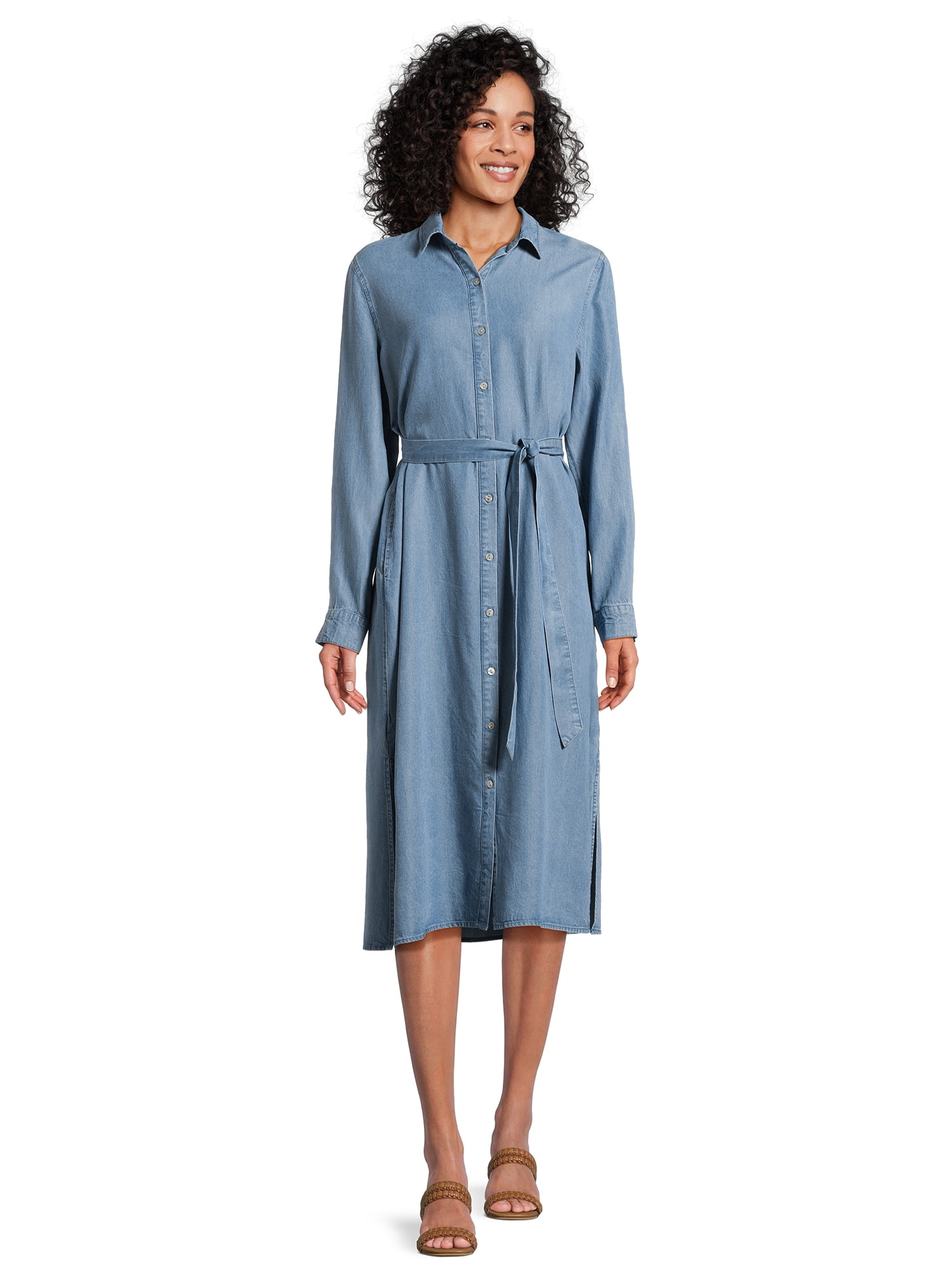 Time and Tru Women's Button Front Shirt Dress with Long Sleeves, Sizes  XS-XXXL - Walmart.com