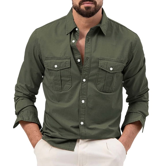 Breezora Men's Long Sleeve Shirt Retro Collared with Dual Chest Pockets Casual Button Down Tops L Size Army Green