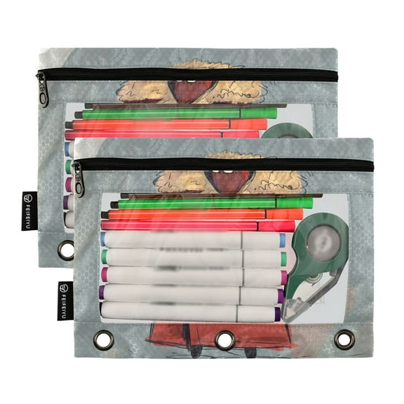 Ckdifva Coat Cartoon Pencil Pouch 3 Ring Zipper Pencil Case Binder Pockets Clear Top Cosmetic Bag 2 Pack