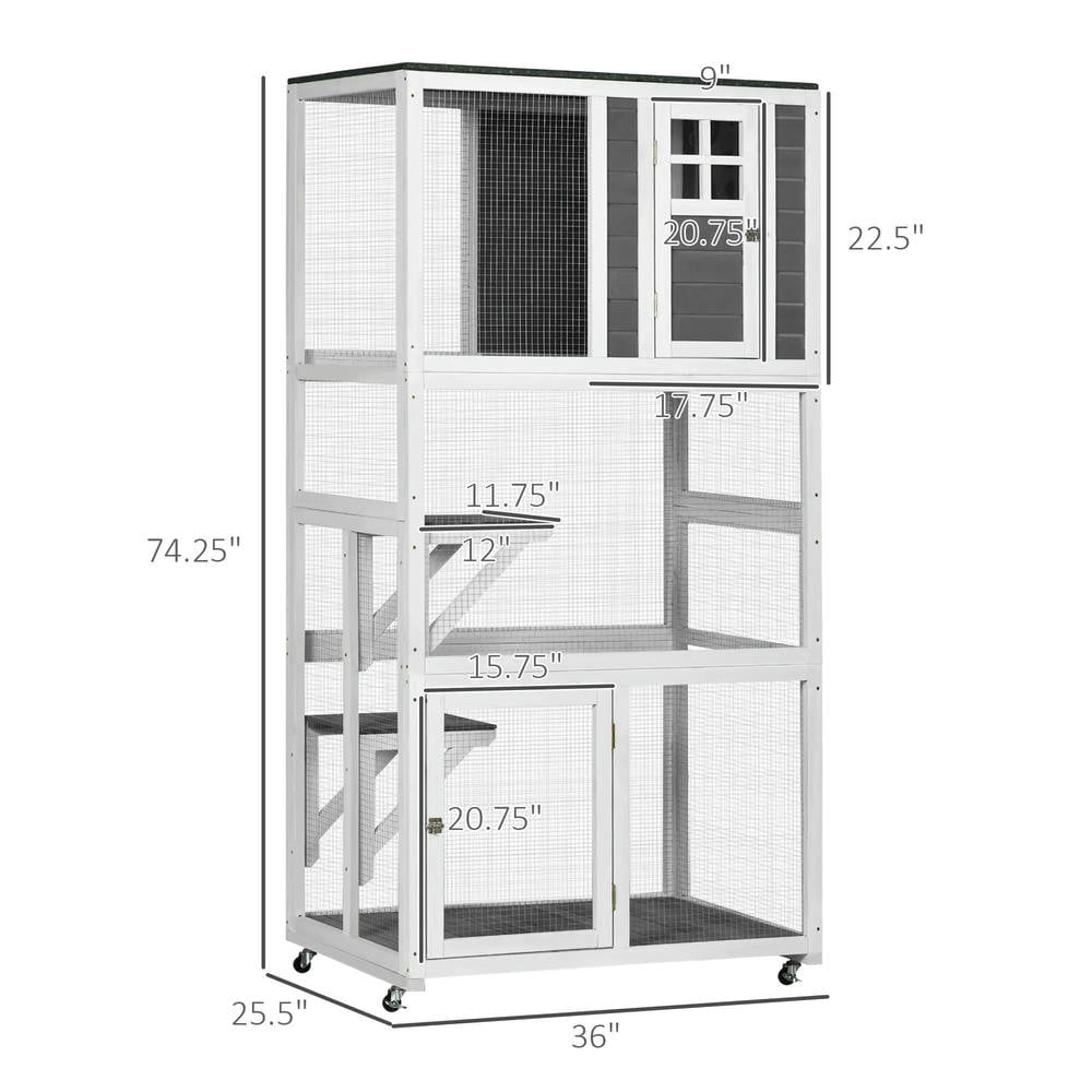 GVN Cat Catio Enclosure, Cat Cage House,74" Wooden Catio Outdoor Cat House Weatherproof & Wheeled, Dark Gray