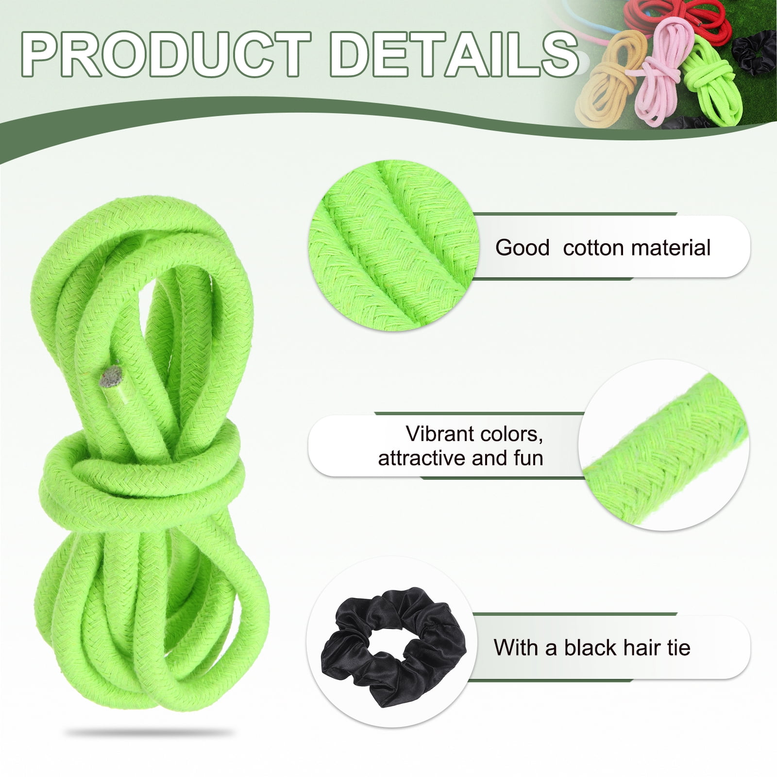 Gymnastics Rope, Exercise Fitness Aerobic Gymnastic Skipping, Rhythmic Gymnastics Arts Rope with Hair Tie 3 Meters& 2Pcs & Green - Fit for (Fitness/Outdoor Activities/Yoga)