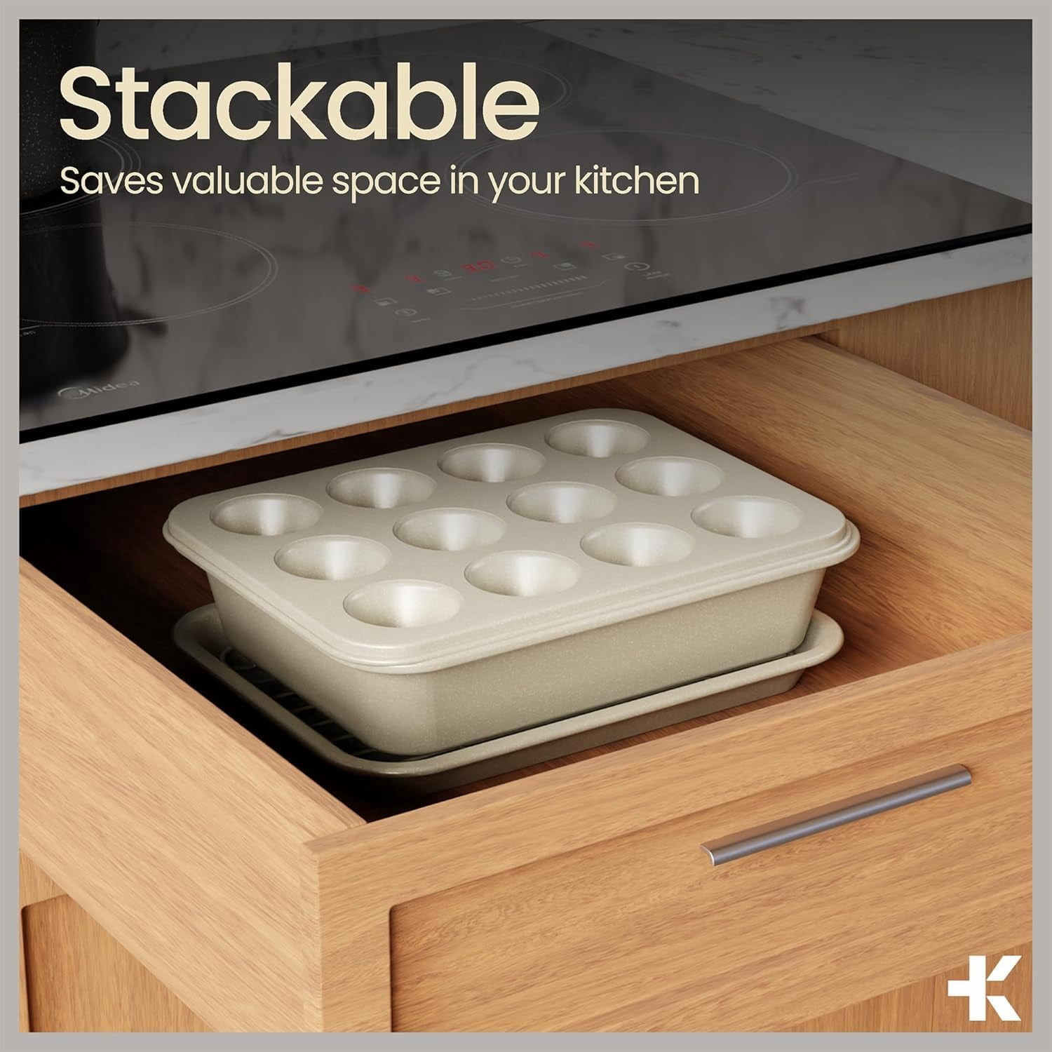 Bakken 4-Piece Bakeware Sets, Nonstick Carbon Steel Baking Sheet, Stackable Space-Saving Bakeware, Dishwasher Safe, Oven Safe 450°F, White Marble
