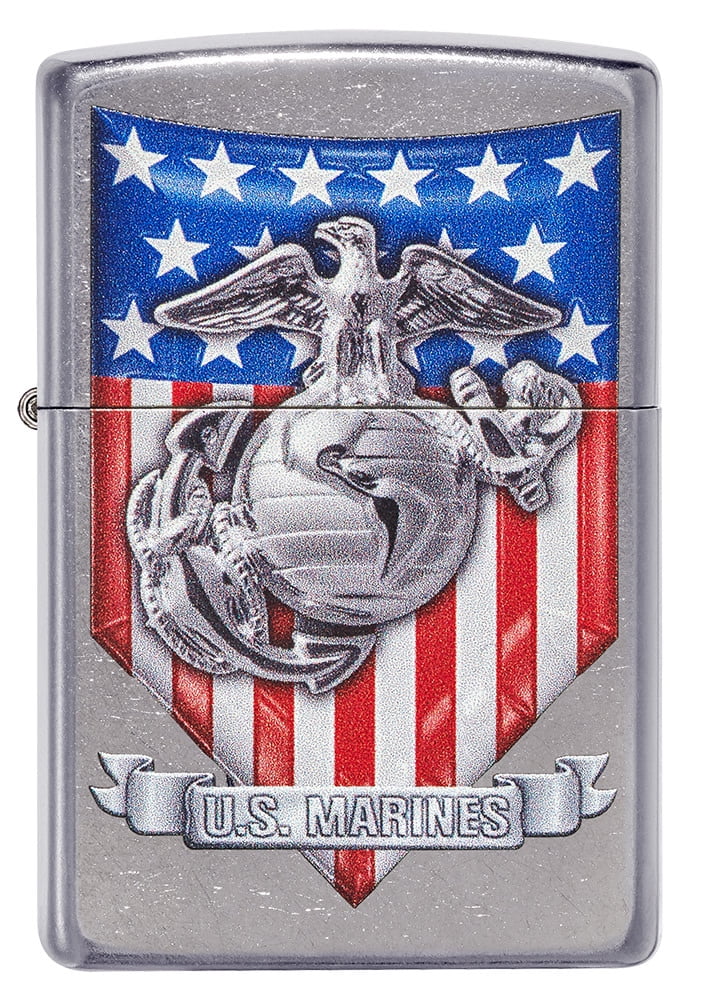 Zippo U.S. Marine Corps. Crest and US Flag Street Chrome Pocket 