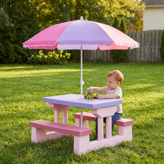 Kids Outdoor Picnic Table & Chair Set with Detachable Sun Umbrella, Toddler Patio Activity Furniture for Backyard Garden Lawn, Pink Purple for Girls