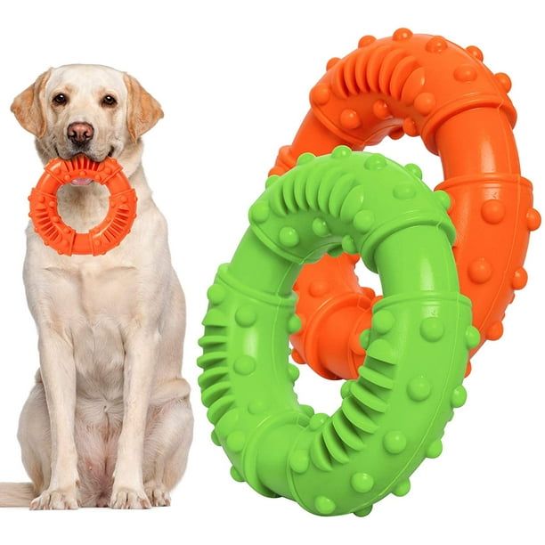 Verde + Naranja - Paquete de 2 juguetes masticables para perros, juguetes de goma duraderos para perros, juguetes para limpiar los dientes de perros grandes y medianos