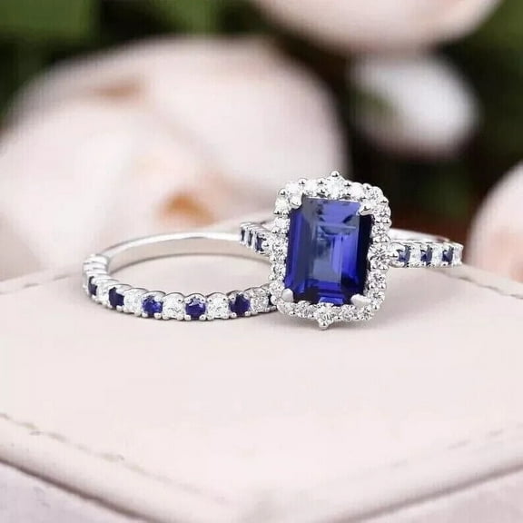 3Ct Emerald Lab-Created Blue Sapphire Halo Valentine Gift For Her Bridal Ring Set 14K White Gold Plated 925 Silver