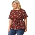 thumbnail image 4 of Women's Plus Size Tops Ruffle Short Sleeve Summer Chiffon Floral Blouse Burgundy 2X, 4 of 7