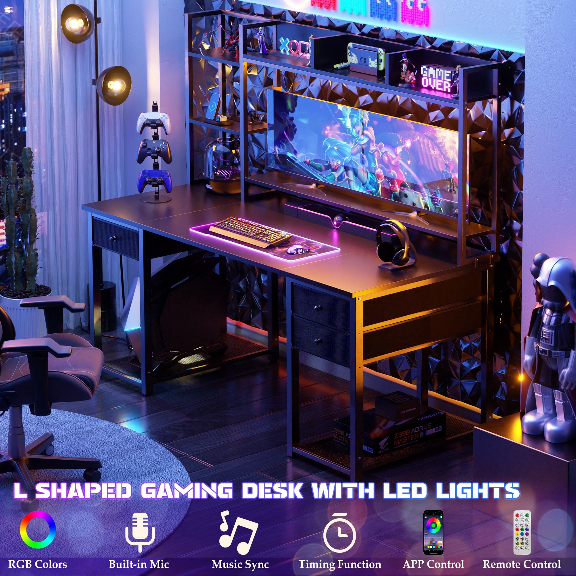 Homieasy Desk with Hutch & Power Outlets, 55.2'' Computer Gaming Desk with LED Lights and Drawers, Reversible Office Desk with Storage Shelves, Workstation Desk for Home & Office, Black