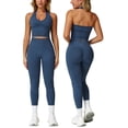 thumbnail image 2 of IDOPIP 2 Piece Workout Sets for Women Seamless Halter V-Neck Tank Top Scrunch Butt Lifting High Waist Leggings Gym Sets Active Wear Sports Outfit M Blue, 2 of 7