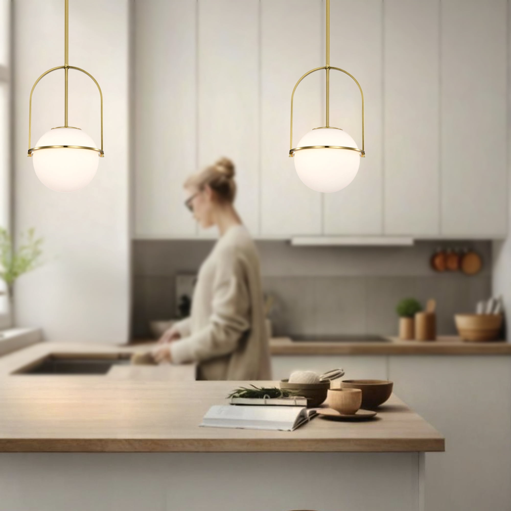 Gold Pendant Light Fixture with 7.1 in Milk Glass Globe Shade Adjustable Hanging Ceiling Light for Kitchen Island, 1-Light