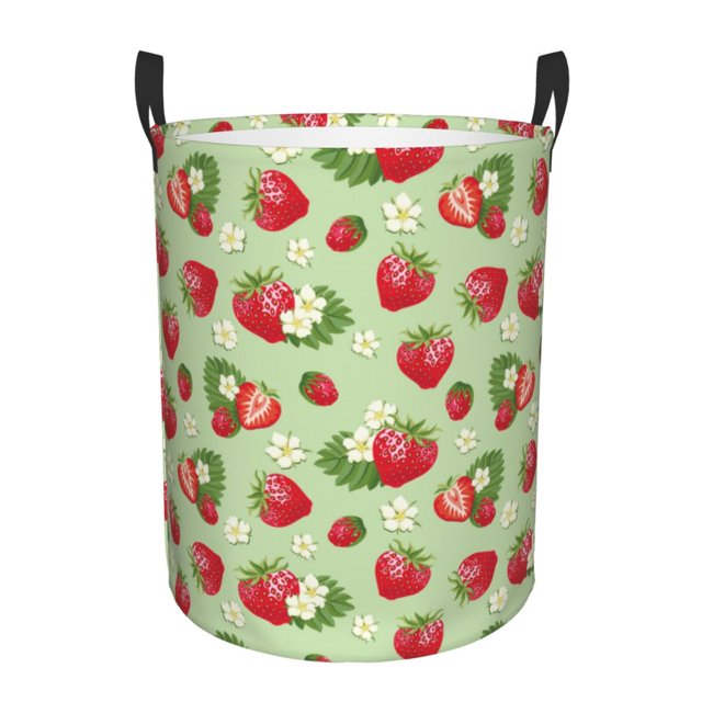 Balery Strawberry Floral Cesta de ropa redonda con asas, impermeable, independiente, para ropa, juguetes, dormitorio y familia-Small