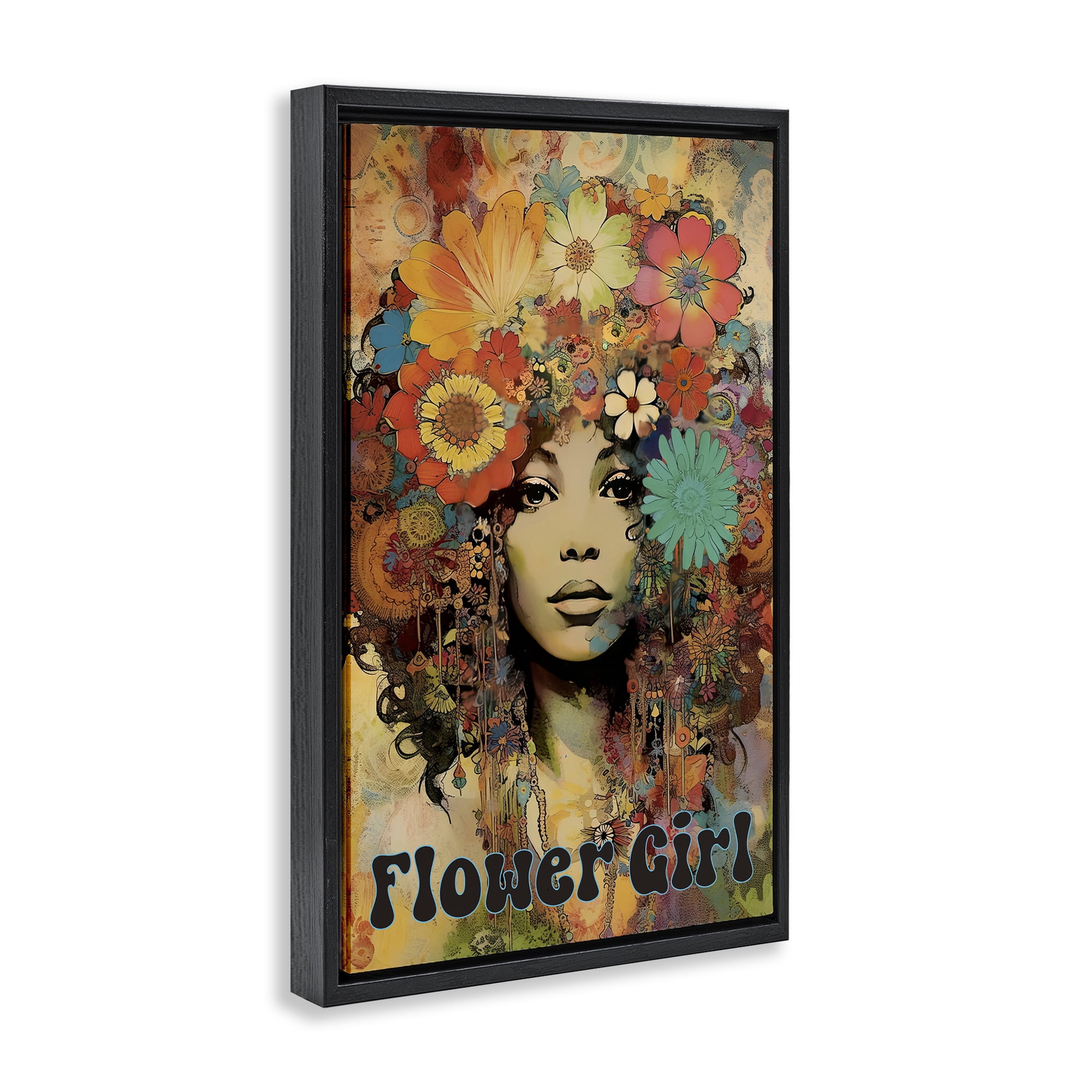 Bohemian Flower Girl Black Framed Floater Canvas Wall Art, design by Sasha
