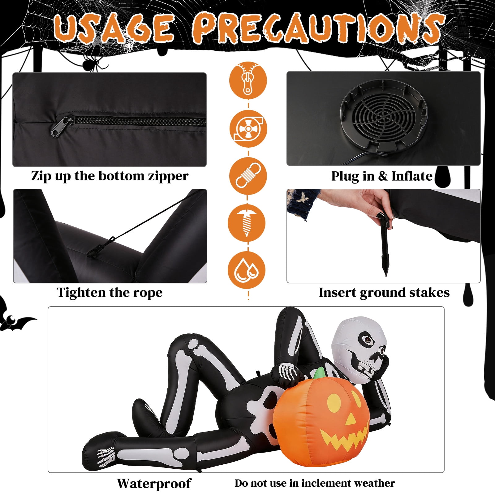 7ft Halloween Inflatable Lying Skeleton with 7 LED Lights for Lawn Decor