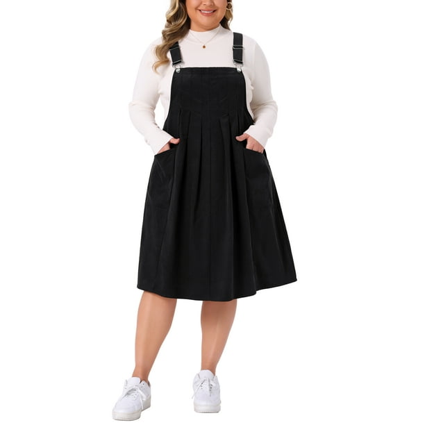 Vestido de tirantes ajustables plisado para mujer de tallas grandes Agnes Orinda para el Día de San Patricio, overol de pana con bolsillos 2X negro
