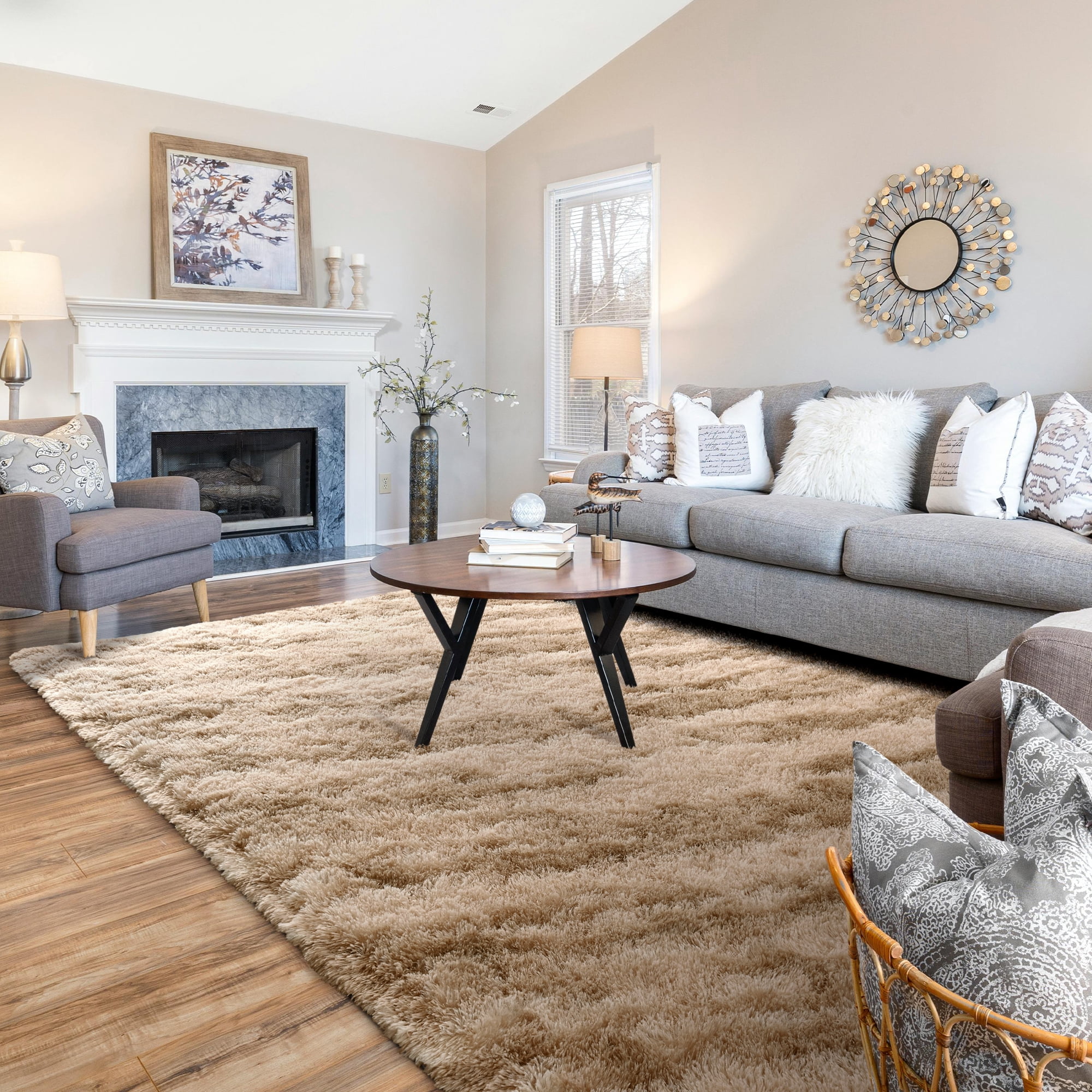 Cydiria Modern Warm Beige Plush Area Rug Scandinavian Shaggy Carpet for Living Room, 4' x 6'