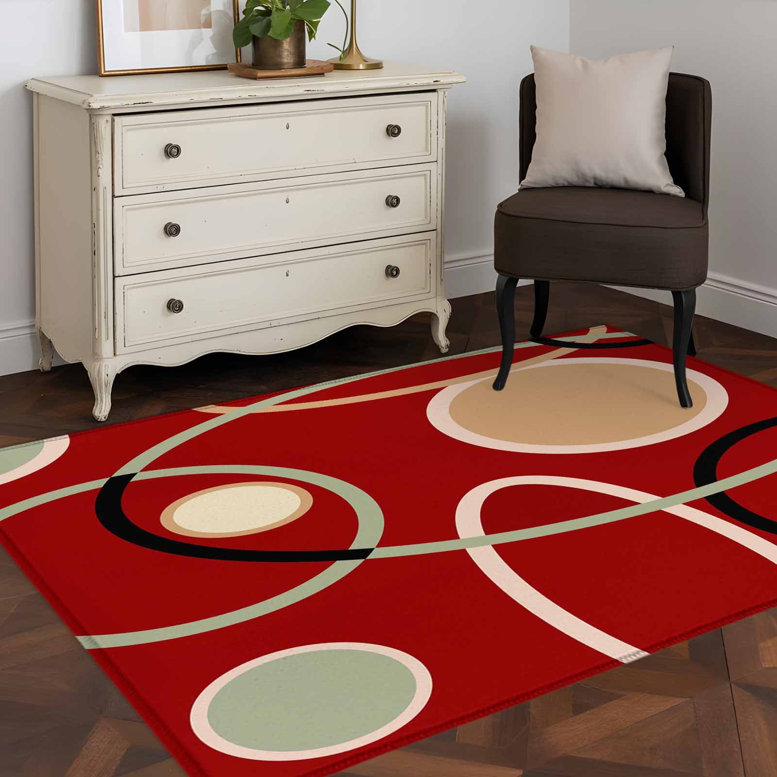 Rectangle Area Rugs 2.7 x 5 Ft, Geometric Red Non-Slip Residential Carpet, Boho Retro Abstract Circle Black Green Indoor Crawling Mats Runner Rugs for Living Room/Dining Room/Bedroom