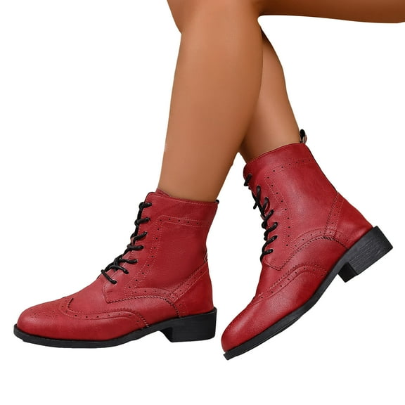 Chenyee Womens Mid Calf Combat Boots Chunky Low Heel Lace Up Round Toe Riding Boots with Side Zipper