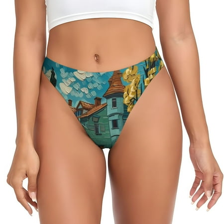 Rateoe Impressionist Village Sky Pattern Seamless Women Underwear Thongs No Show Ladies Thong No Line Breathable Comfortable Panties Undies for Women-X-Small