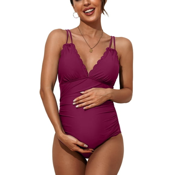 Ruched Side One Piece Swimsuit for Maternity V Neck Pregnancy Swimwear Modest Bath Suit