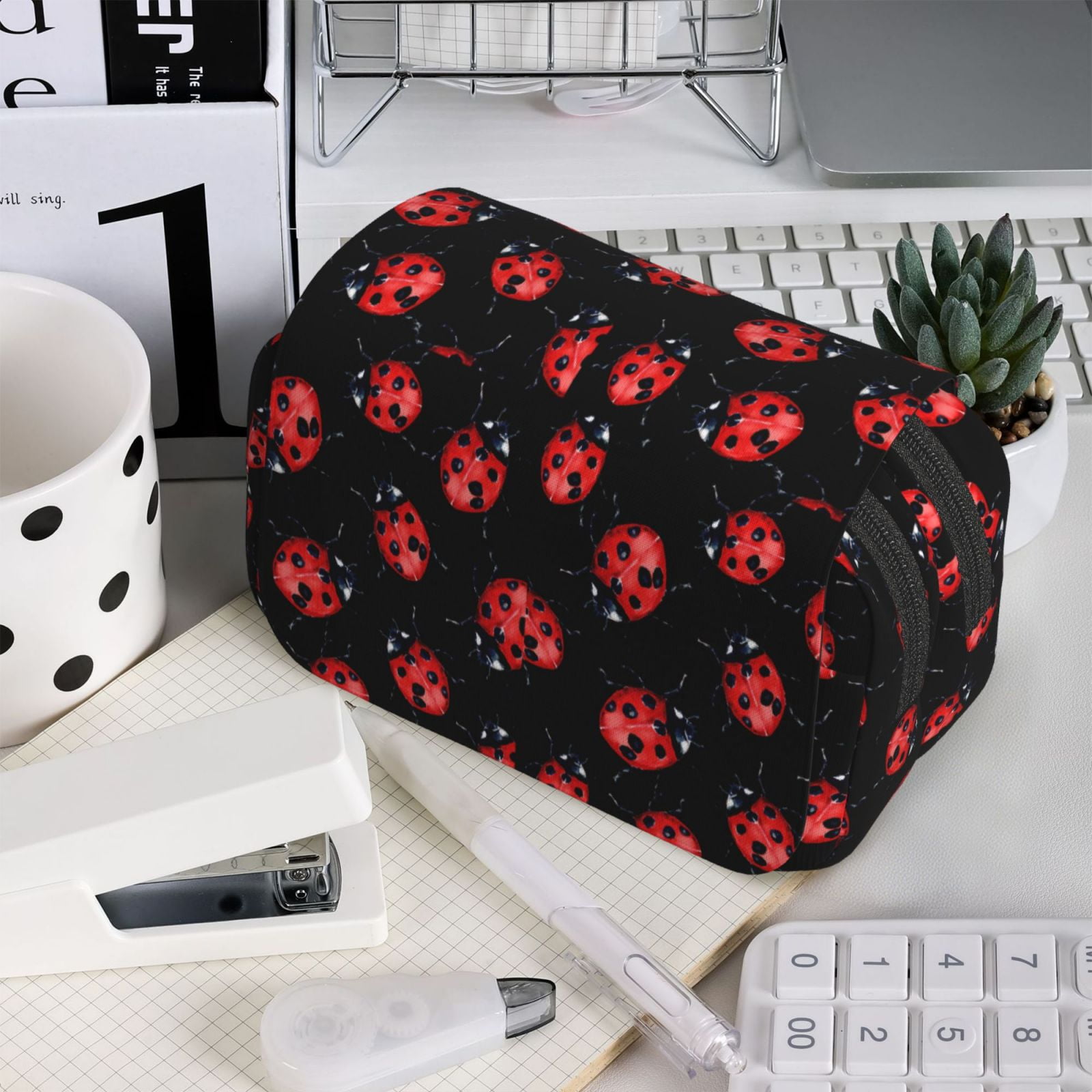 Rateoe Beautiful Red Ladybug Pattern Double Clamshell Pen Case, Storage Organizer with Two Zipper Compartments– Holds Up to 50 Pencils & Pens