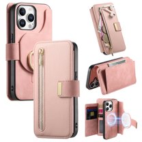 2 in 1 Wallet Case for Apple iPhone 14 Pro Max, Detachable Magnetic Back Cover Cards Slots Zipper Pocket Ring Holder Magnetic Closure Protective Drop Proof Case Cover for iPhone 14 Pro Max, Pink