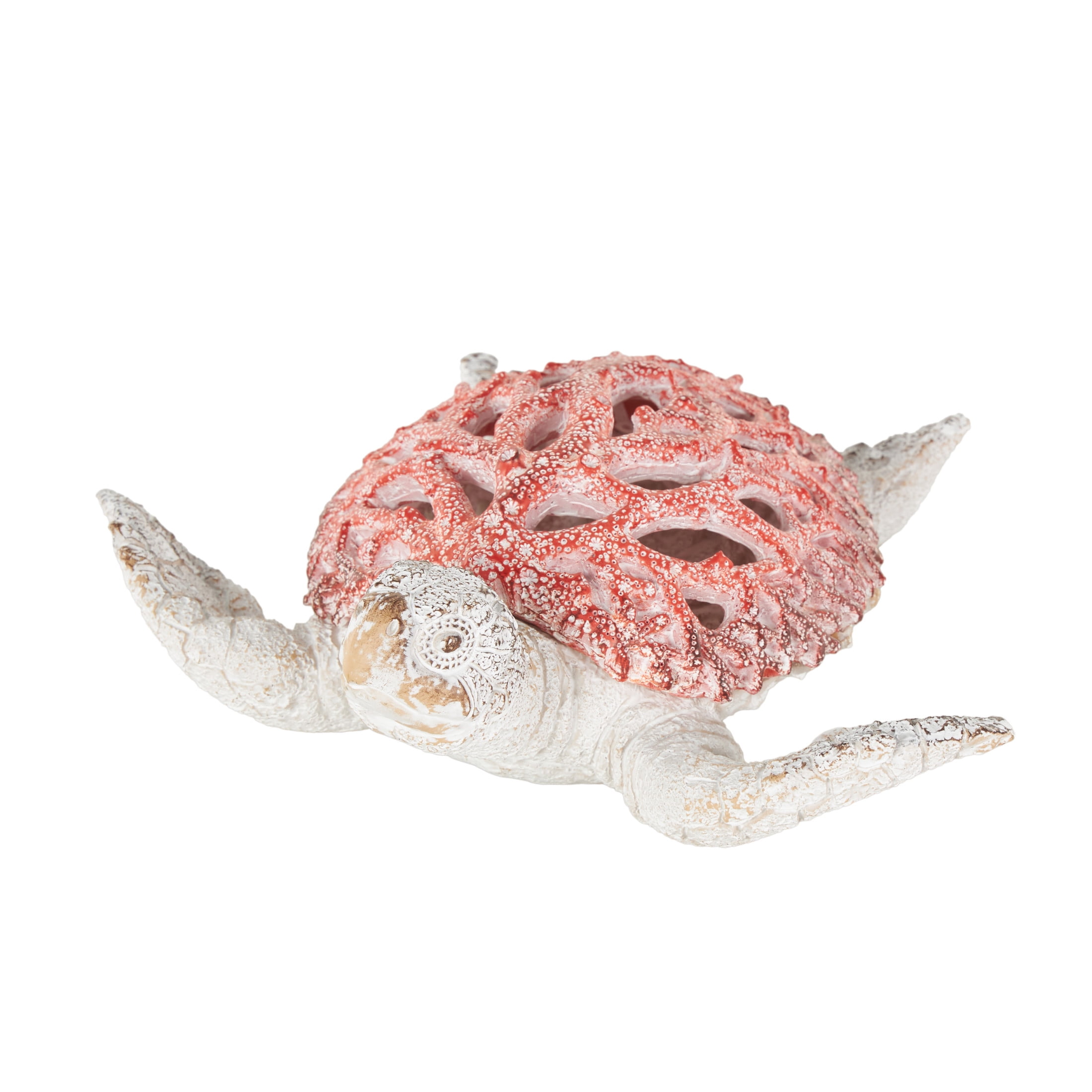 8" x 3" Red Polystone Textured Swimming Sea Turtle Sculpture with Red Shell, by DecMode