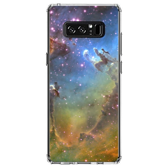 DistinctInk Clear Shockproof Hybrid Case for Samsung Galaxy Note 8 - TPU Bumper, Acrylic Back, Tempered Glass Screen Protector - Eagle Nebula Orange Blue - Astronomy
