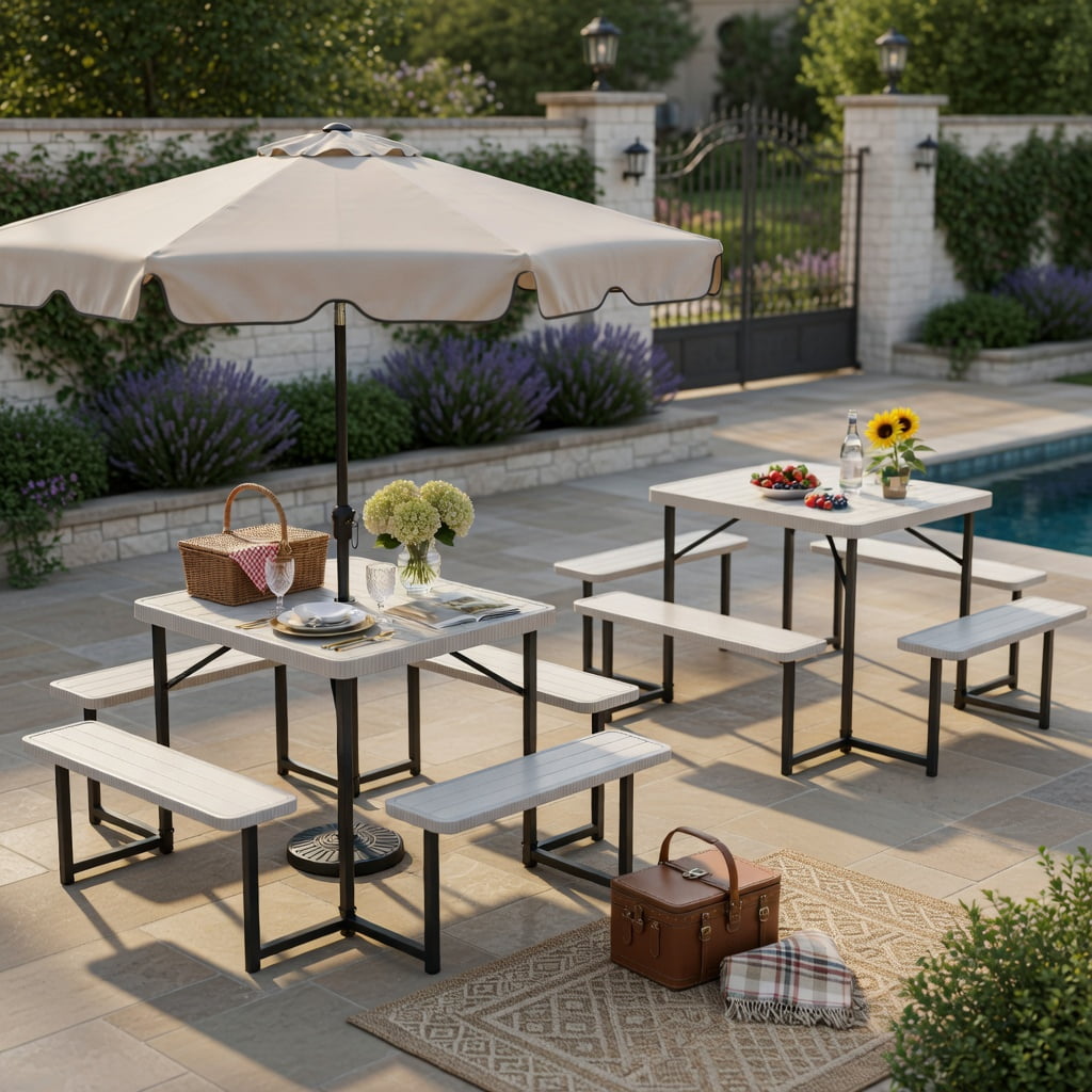 Hommoo Outdoor Square HDPE Picnic Table & Bench Set for 4–8 People, Includes Umbrella Hole & Weather-Resistant Metal Frame, White