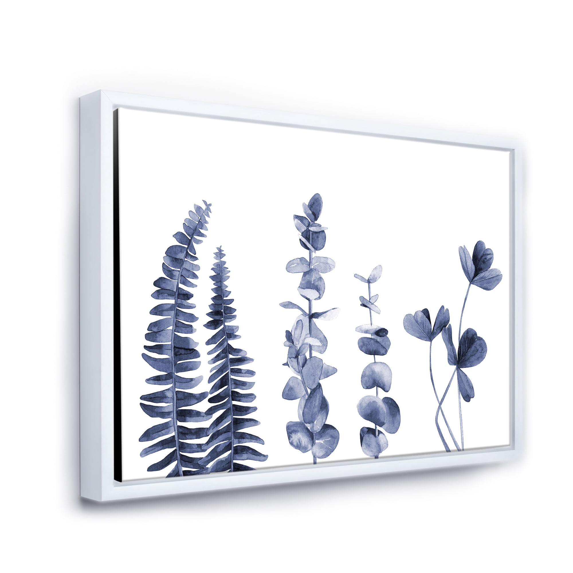 Designart 'Navy Blue Eucalyptus On White I' Traditional Framed Canvas Wall Art Print